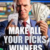 Sports bettor handicapper on a ebook cover holding a betting ticket in one hand and cash in the other hand