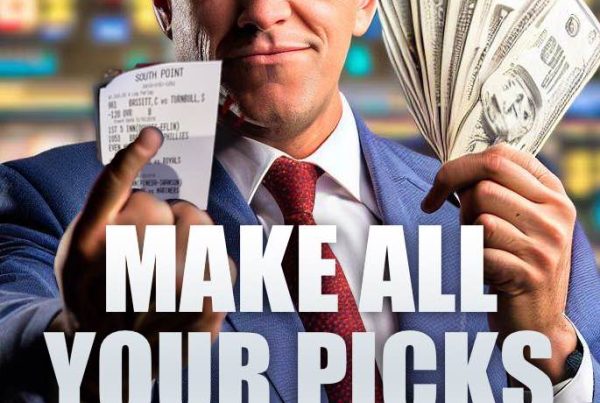 Sports bettor handicapper on a ebook cover holding a betting ticket in one hand and cash in the other hand